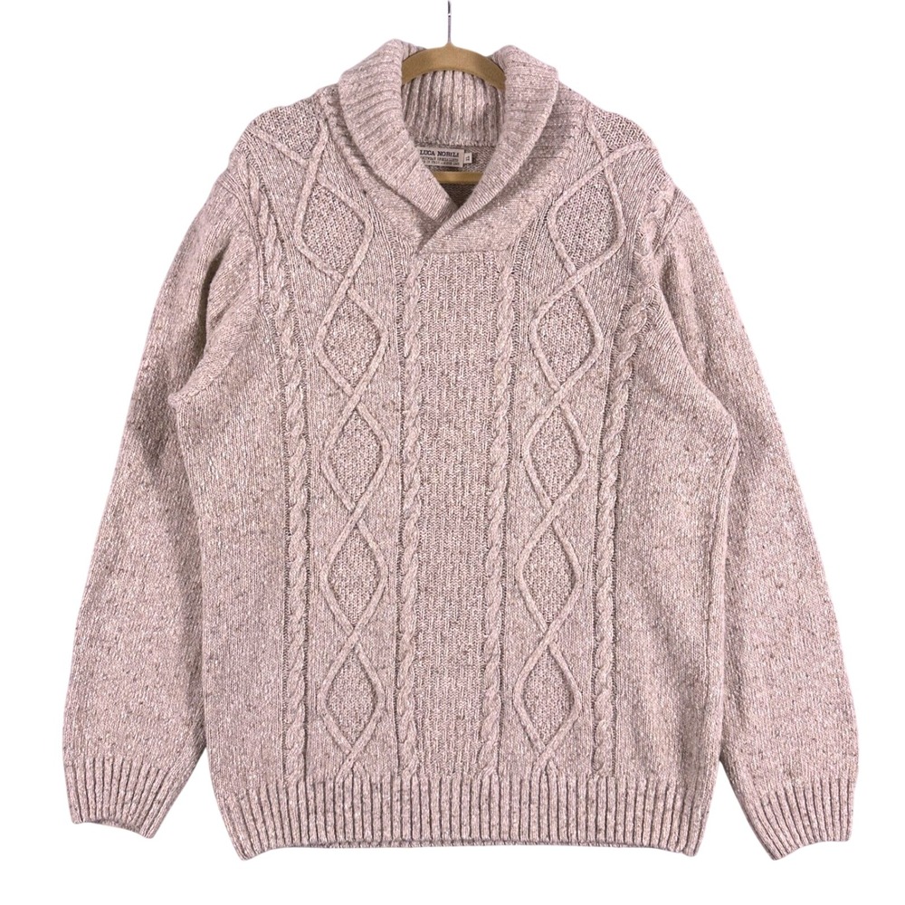 Luca Nobili Mens XL Shawl Collar Cable Knit Wool Blend Sweater Beige Italy